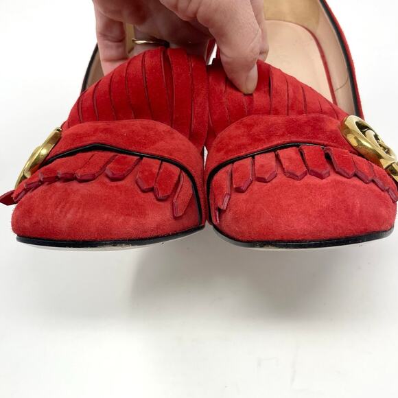 Gucci Marmont Interlocking GG Red Suede Leather Block Heel Fringe Pumps EU 37.5 - Picture 7 of 14